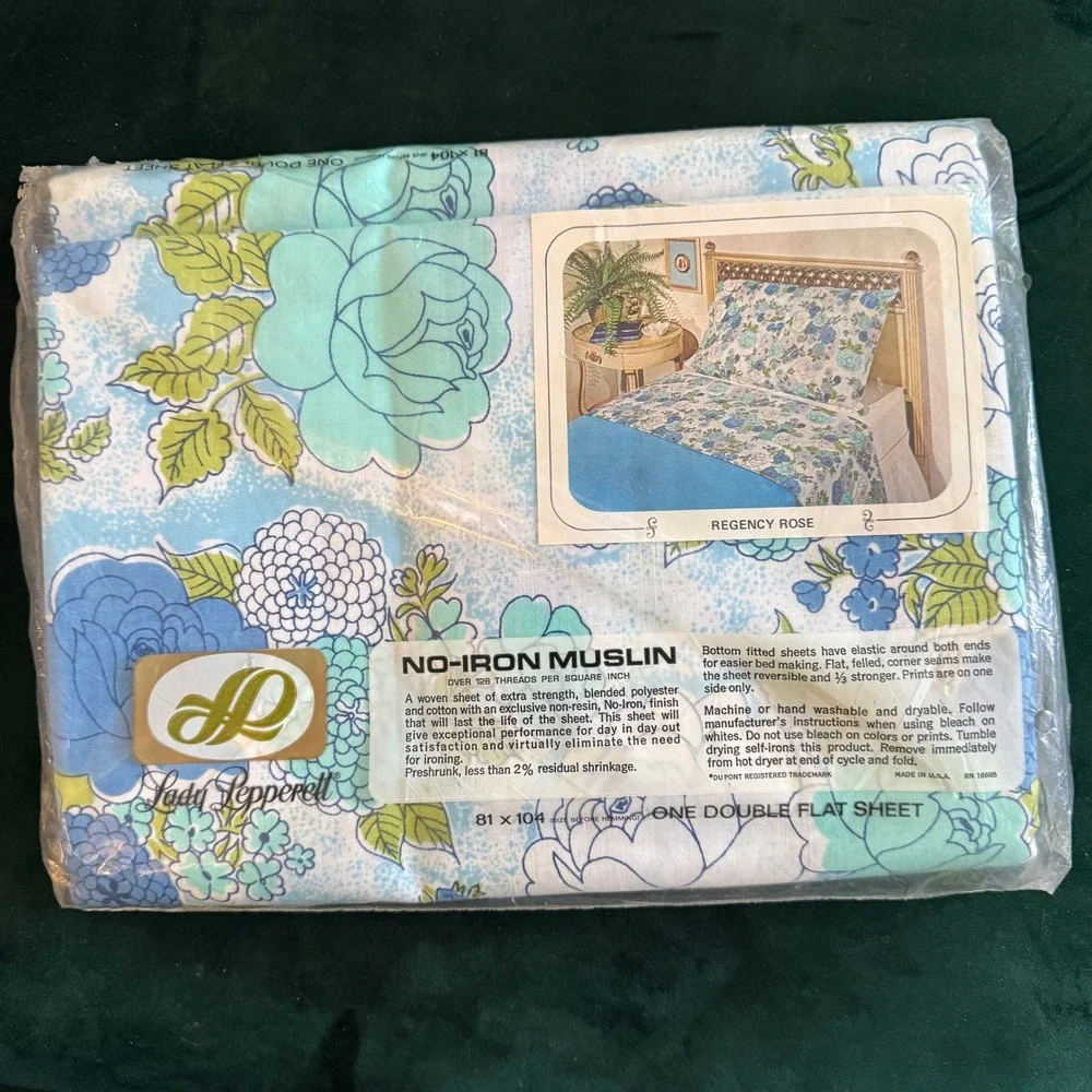 Lady Pepperell Regency Rose Vintage Double Flat Sheet Blue Floral No-Iron Muslin